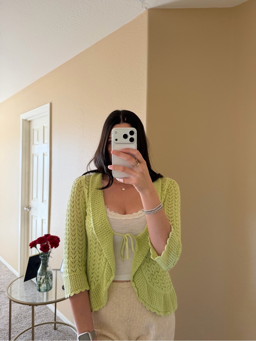 Vintage Light Green Openwork Ruffle-Trim Tie Front Cardigan